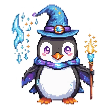 a penguin wizard casting a spell with sparkles sticker