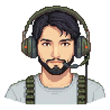 laughing man with black hair, brown eyes, black beard wearing gaming headset sticker