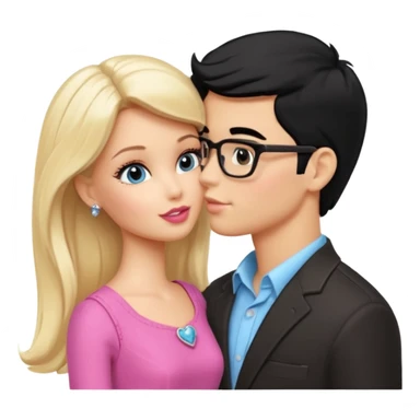 pretty light blonde girl barbie kissing boy nerd with black hair and tan skin on the cheek sticker