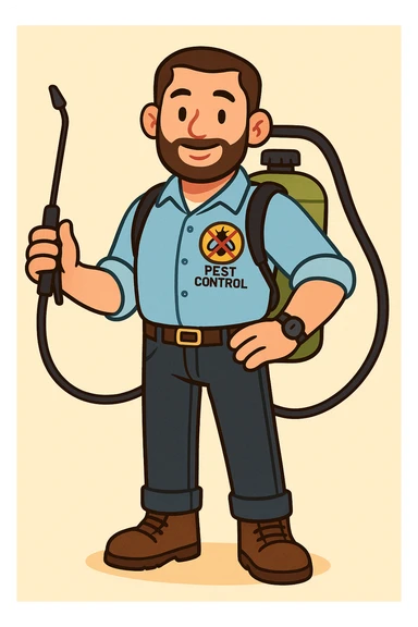 A friendly male pest control technician with short beard and short hair, wearing a light blue uniform shirt with rolled-up sleeves, dark jeans, brown boots, and a black wristwatch. He has a patch on his chest with a colorful anti-pest logo (insects crossed out) and the words 'PEST CONTROL'. He carries a green fumigation tank on his back with a black hose and holds the spray wand in one hand. He has a confident and approachable expression. The illustration should use bold outlines, warm colors, and clean, flat shading style. The background should be simple or light beige, in a pastel toon style. sticker