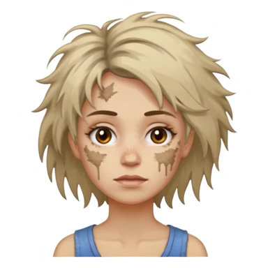 very dirty looking homeless woman very very dirty and smelly looking face only, not old with grey smudges everywhere and messy hair and lots of stains on face ugly and smudged face on forehead and chin sticker