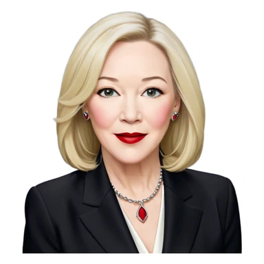 catherine o'hara, confident older woman with fair skin and straight blonde hair that falls just past her shoulders. Her facial expression should be playful and charismatic, with a slight smirk, arched eyebrows, and bright red lips. Her eyes should be expressive, slightly squinted as if amused and sarcastic. She is dressed in a black blazer with silver stud details along the lapels, paired with a white collared shirt and a black ribbon tie. sticker
