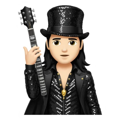 Slash from Gun n Roses with long jet black hair, black sequin outfit sticker