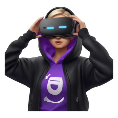 Russian girl wearing black hoody with violet letters "OMG", in vr headset oculus quest2. Standing like jedi. Cyberpunk style. Violet neon. sticker