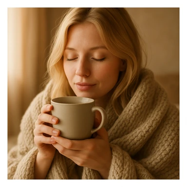 blonde girl cozy in a blanket, drinking coffee with eyes closed, warm and serene atmosphere, soft and cozy style sticker