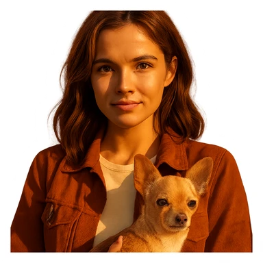 portrait centered of a woman inspired by Zoe Deutch's face, tanned complexion, subtle freckles, playful and determined expression, medium-length brown hair with auburn highlights, wearing a shirt color #FFF8CA, rust-colored jacket, holding a beige-brown chihuahua, golden hour lighting effect, transparent background, Netflix series style sticker