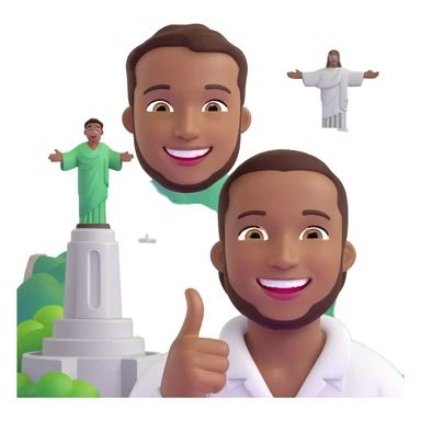 smiling black man with big teeth, standard male haircut, oval face, with Christ the Redeemer statue in the background, Rio de Janeiro, no glasses sticker