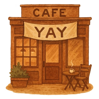 hand-painted style cozy brown café storefront with a soft “YAY” banner, warm hand-drawn tones sticker