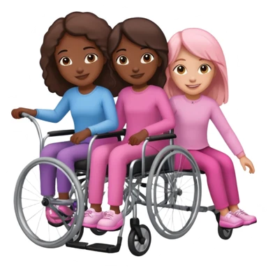 One dark skinned sister and one tan skinned sister pushing her light brown sister in a pink wheelchair sticker