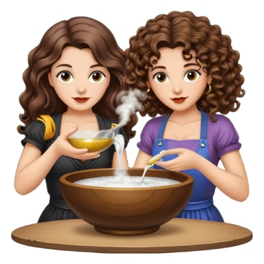 moon bowl mixing — long wavy brown hair tattooed woman and short tight curly brown hair woman — potion scene sticker