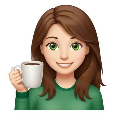 Long, Brown haired girl with middle hair part, with green eyes, smiling, waving with one hand, coffee mug in the other sticker