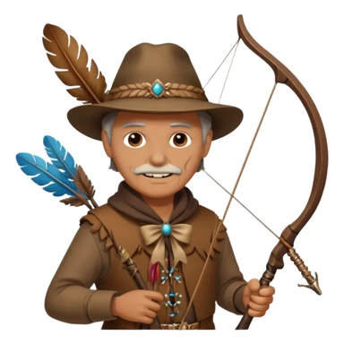 The classic image of a middle-aged uncle hunter carrying a bow, dressed in brown clothes, with some ornaments made of feathers, bones or teeth on his body. sticker