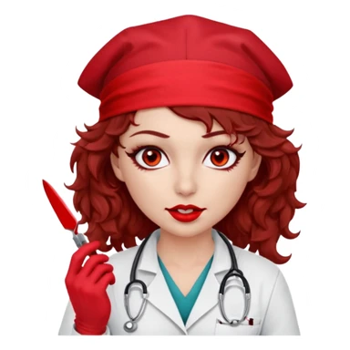 Lilith scalpel in hand, evil surgeon sexy surgeon clothes.  She has red eyes. Dark brown curly hair. Wears sexy doctor outfit with red gloves.covers her mouth necknose with red bandana to hide  her identity. Hair is long and brown hair is free but bandana must cover her mouth sticker