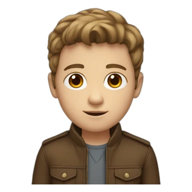 white young boy with middle part brown hair and a brown jacket sticker
