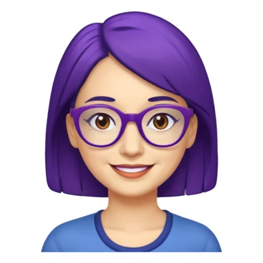 Cartoon 50-year-old youthful woman with purple glasses, brown eyes, and dark blue (not purple) hair to her shoulders. sticker