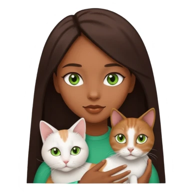 black girl with brown eyes with straight long dark brown hair with a side part holding a female white cat with green eyes sticker