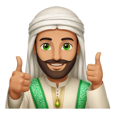 Tanned Arab Saudi man with green eyes and a beard, wearing traditional attire, smiling and giving a big thumbs-up sticker