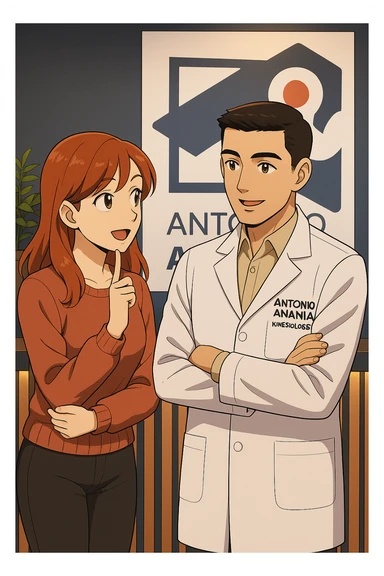 su questo stile fai un manga/webtoon a colori in cui una donna incuriosita fa una DOMANDA ALL'UOMO, l'uomo della foto in stile manga LE risponde, mantieni un ambiente simile alla foto che ho allegato con il suo logo (sarebbe il suo studio, lui è un kinesiologo), scrivigli "ANTONIO ANANIA" sul camice bianco, non mettere fumetti, ma fai in modo che sembri che la donna CHIEDA curiosa E L'UOMO le risponda sticker