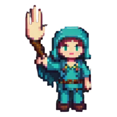 pixel art character waving with a welcome gesture sticker
