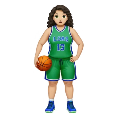 full body plus size light skin latino women basketball player with wavy dark hair large wide nose wearing blue with green uniform sticker