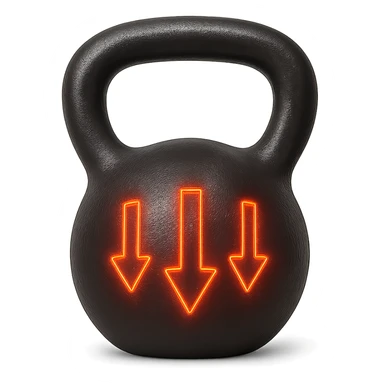 realistic black kettlebell with glowing red arrows pointing down, isolated on white background sticker