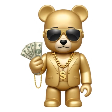 hustler bearbrick toy figure wearing gold chain, sunglasses and money sticker