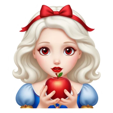 Cinematic Elegant Snow White Portrait Emoji, Delicately holding a red apple, eyes glimmering with mystery, soft curls perfectly placed, her royal presence glowing with a warm, enchanting charm! sticker