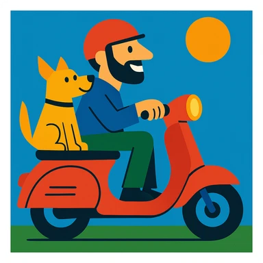 man and his pet dog riding a vespa sticker