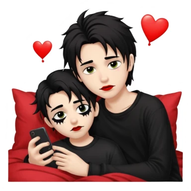pale Goth boy with a bunch of face piercings, with shaggy dark brown hair, and messy black eyeliner , smudged, red, lipstick , having a slumber party with a tan gamer boy with long black hair  sticker