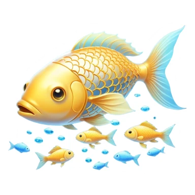 Ethereal golden fish swimming around a glowing brain, with omega-3 capsules floating between them. Flowing streams of luminous energy connect the fish, brain and omega symbol, all radiating with a soft golden light in a dreamy blue aura. sticker