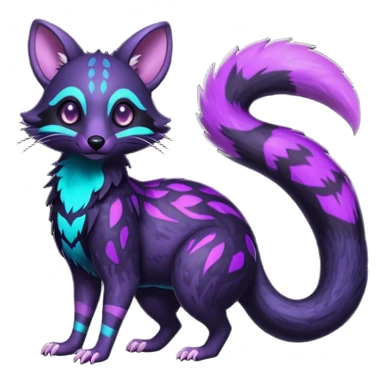 Obsidian-onyx-black fur base coat with glowing-neon-purple markings and patterns, shiny blind eyes, magical fantasy-Genet-Sentret-Marsupial-Possum-Vernid-Sergal-Fakémon-hybrid, by LiLaiRa-griffsnuff, full body sticker