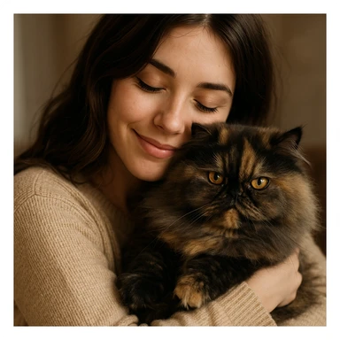 brunette girl hugging a fluffy tortoiseshell Persian cat, cozy and loving sticker