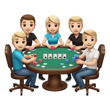 A 3D cartoon poker table with cards, chips, and smiling players, soft lighting, Memoji-style. sticker