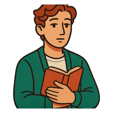 Calm and thoughtful male confidant, fair skin, soft wavy brown hair, gentle eyes, wearing a green cardigan over a light shirt, holding an open journal close to chest, waist-up, front-facing, pure background sticker