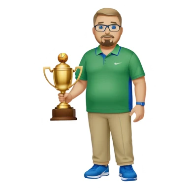  full body white obese male basketball coach with trophy. Goatee , Wearing glasses and blue and green nike polo shirt and khaki pants sticker