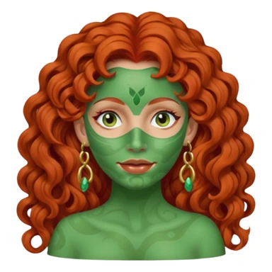red haired very long curly haired woman with full face green clay mask  and big earrings  sticker