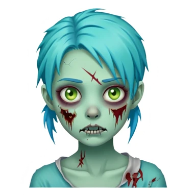 zombie girl with turquoise blue hair, pale green skin, stitches on face, cartoonish undead appearance sticker