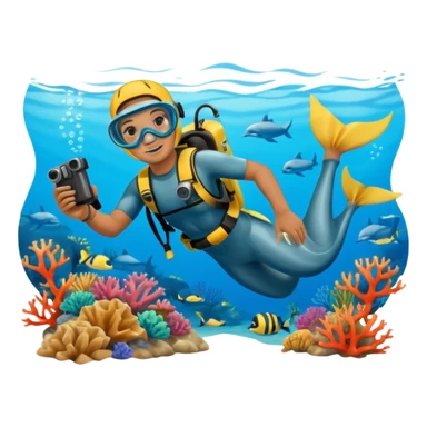 A brave dolphin diver in flippers and mask, exploring coral with a waterproof camera.

 sticker