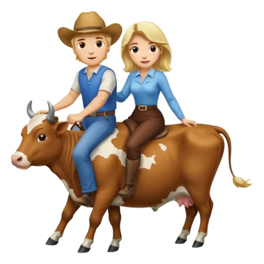 Do a man and a woman riding cows , the man is blond and woman a brunette sticker