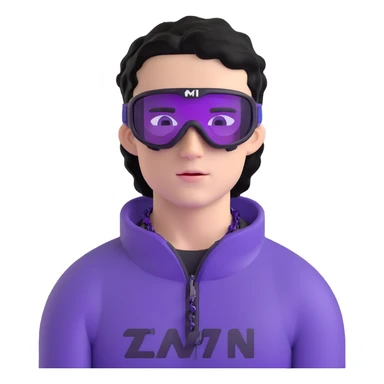 shirtless male athlete with white skin and moderately curly black hair on top with shaved sides, wearing ski goggles with purple frames/outline and very dark heavily tinted black lenses that completely hide the eyes, and a simple plain black chain necklace, no earrings sticker