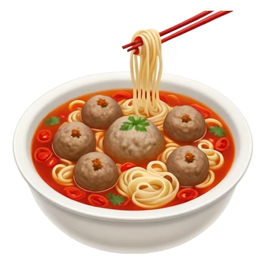 Cinematic Realistic Bakso Dish Emoji, showcasing savory meatball soup with noodles rendered with detailed textures and warm, inviting lighting. sticker