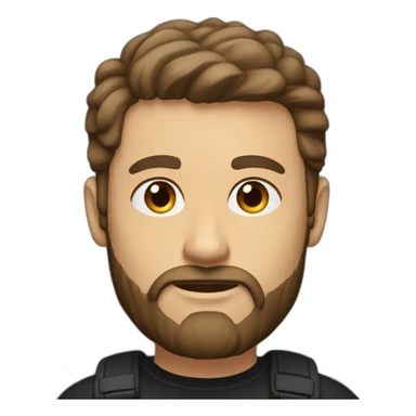 White man with a sun kissed tan and blue eyes. His hair is dark brown, styled sideways backwards. He has a beard and mustache trimmed. Wears a black t-shirt, Apple pencil behind his ear. sticker