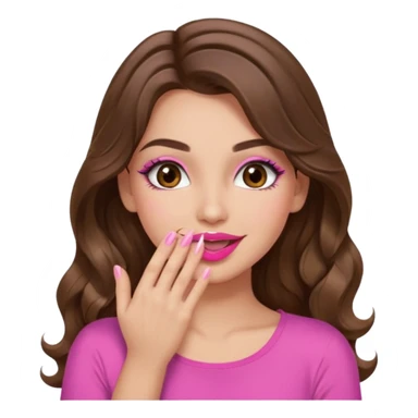 girl with long wavy brown hair, brown eyes, long lashes makeup, sexy pink lips, light to medium complexion, pink sexy top, smiling, hand covering mouth sticker