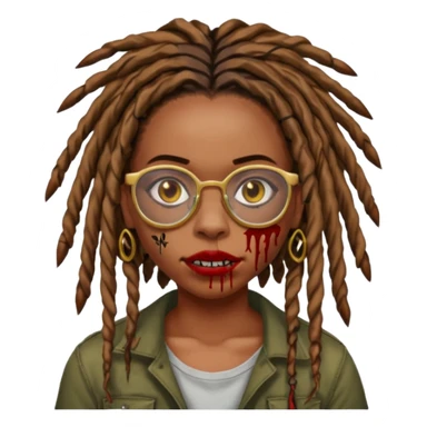 an african american girl with mid back length dread locs black glasses scar on the right side of face its like a red brown line im gold grills zombie mouth locs upfront sticker