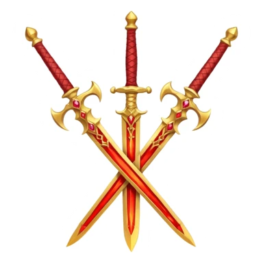 Two crossed swords that are golden in blade and handle and have fiery and royal appearence to them as well as red gem stones yellow in color sticker