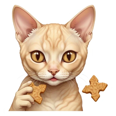 A cream - colored tabby Devon Rex cat eating cat treats sticker