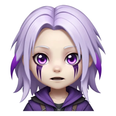 Chibi Sable Ward from Dead by Daylight with long white hair with purple streaks and fully purple eyes, detailed and expressive, cute exaggerated style with large expressive eyes and clear emotion sticker