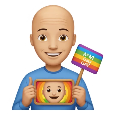 bald guy holding sign that says "am gay" sticker