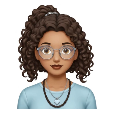 chica morena de ojos claros con gafas exagonales redondeadas. y pelo rizado castaño con todo el pelo recogido en una coleta . y un collar de plata sticker
