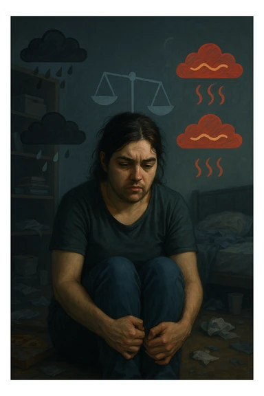 Donna tra i 25 e i 35 anni seduta da sola in una stanza, con lo sguardo basso e un’espressione di frustrazione e stanchezza. Sul volto si notano peli visibili sul mento e sopra il labbro, simbolo di irsutismo. Intorno a lei, l’ambiente appare disordinato, con luci fredde e atmosfera pesante. In trasparenza, simboli stilizzati di sbalzi d’umore (nuvole scure e rosse alternate a simboli di calma), e una bilancia emotiva sbilanciata. Le mani stringono le gambe, in gesto di disagio fisico ed emotivo. Colori cupi con accenti contrastanti. Stile realistico con elementi simbolici sticker